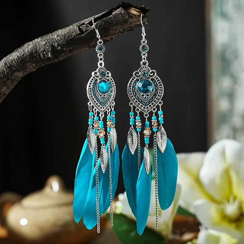Boho Feather Long Leaf Tassel Drop Earrings For Women Geometric Rhinestone Crystal Beads Handmade Chain Wedding Earrings Jewelry
