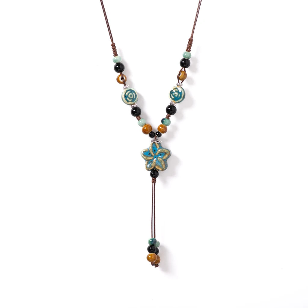 Round Star Handmade Ceramic Necklace Adjustable Pendant in Gem Blue Boho Jewelry  Long Pendant for Women 1101