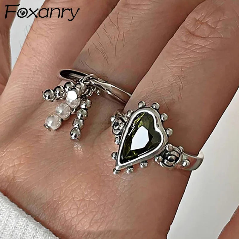 Vintage Punk Green Zircons Party Rings for Women Couples New Fashion Creative Tassel Geometric Handmade Party Jewelry