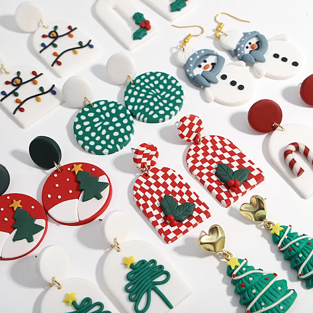 Lifefontier Christmas Festival Gifts Polymer Clay Drop Earrings 3D Handmade Xmas Snowman Tree Charms Earring Party Jewelry