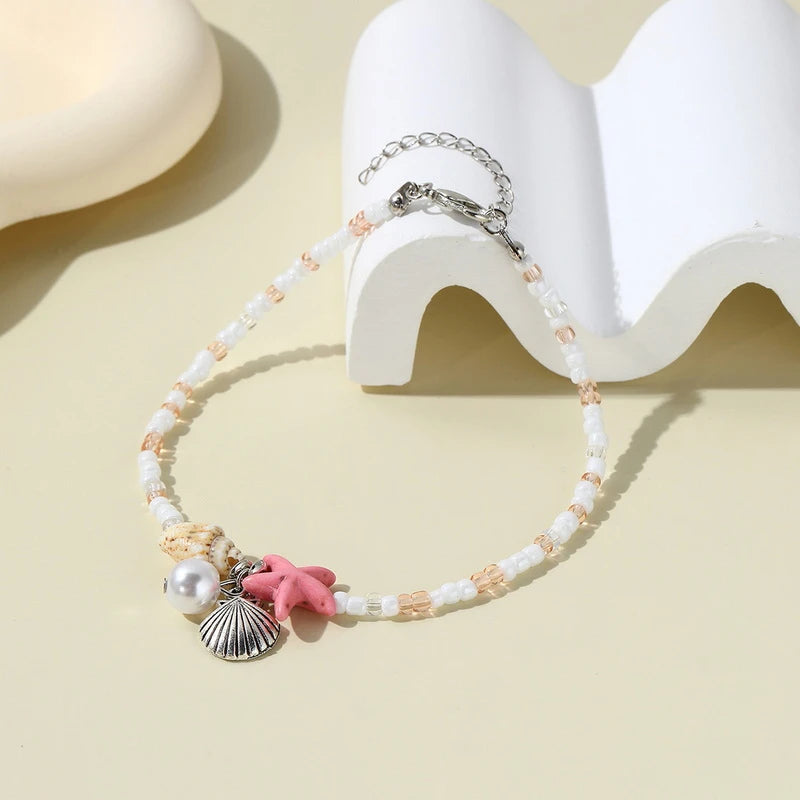 New Shell Starfish Pendant Anklets for Women Handmade Crystal Beads Summer Beach Ankle Bracelets Foot Chain Jewelry Gift