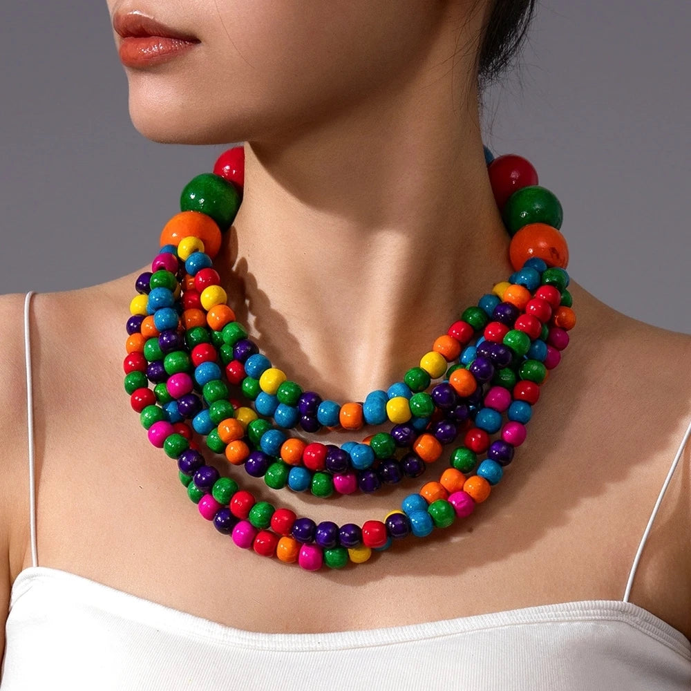 African Jewelry 2025 Trend Bohemian Ethnic Style Multi-layer Handmade Wooden Beaded Necklace For Women Party Accessories