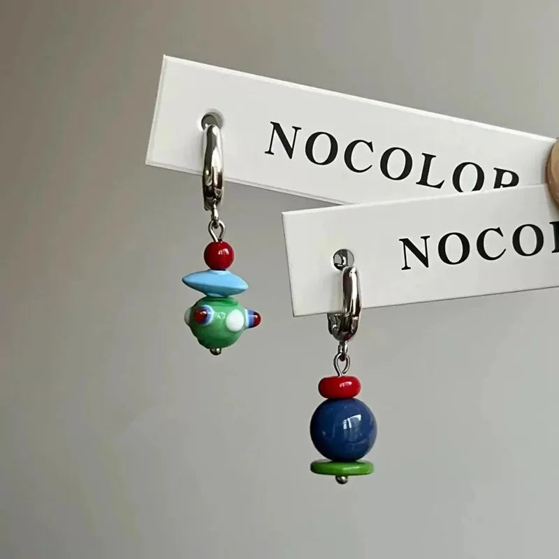 2025 Trend Vintage Designer Dangle Asymmetric Handmade Beads Drop Earrings Woman Korean Fashion Dopamine Metal Earrings Gift