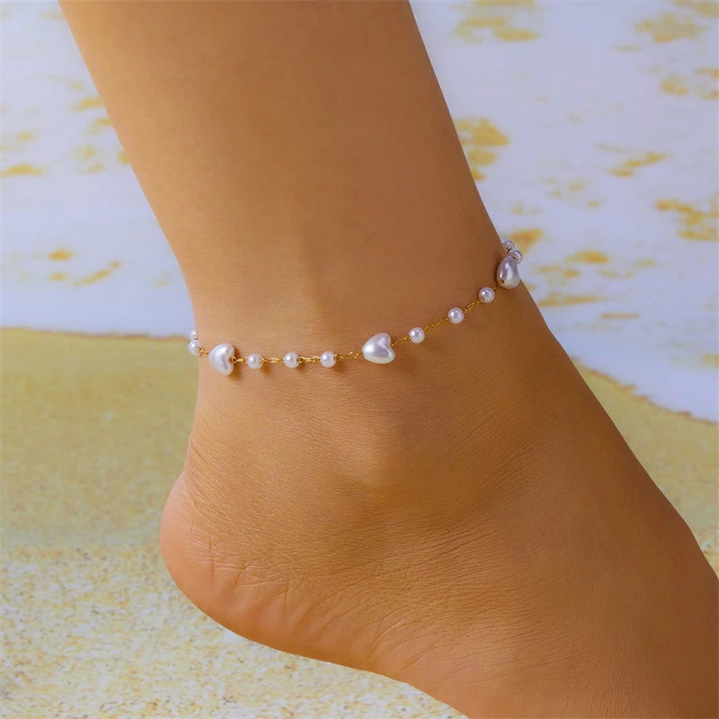 Minimalist Star Heart Anklet for Women Charm Simple Imitation Pearl Link Chain On Barefoot Bracelet Handmade Jewelry Gift
