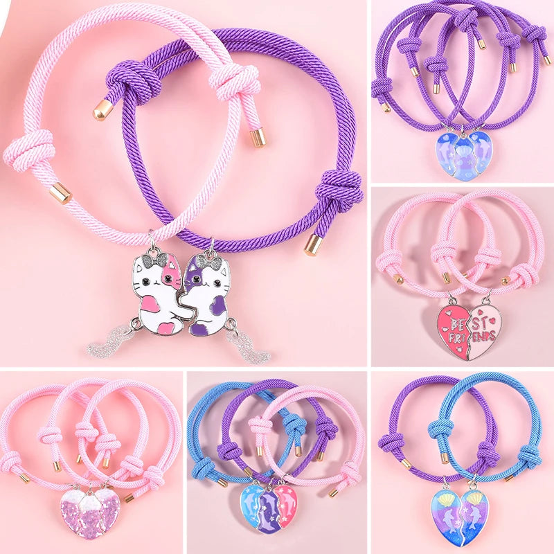 2/3Pcs Heart-shaped Stitching Bracelet Magnet Pendant BFF Friendship Handmade Weaved Jewelry Birthday Gifts for Kids Women 2025