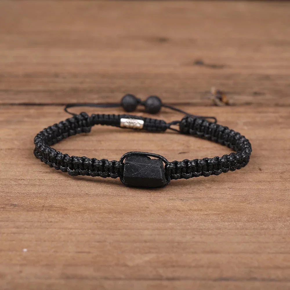 Irregular Natural Black Tourmaline Bracelet Men Handmade Braided Bad Energy Protection Crystal Bracelets Adjustable Jewelry X168