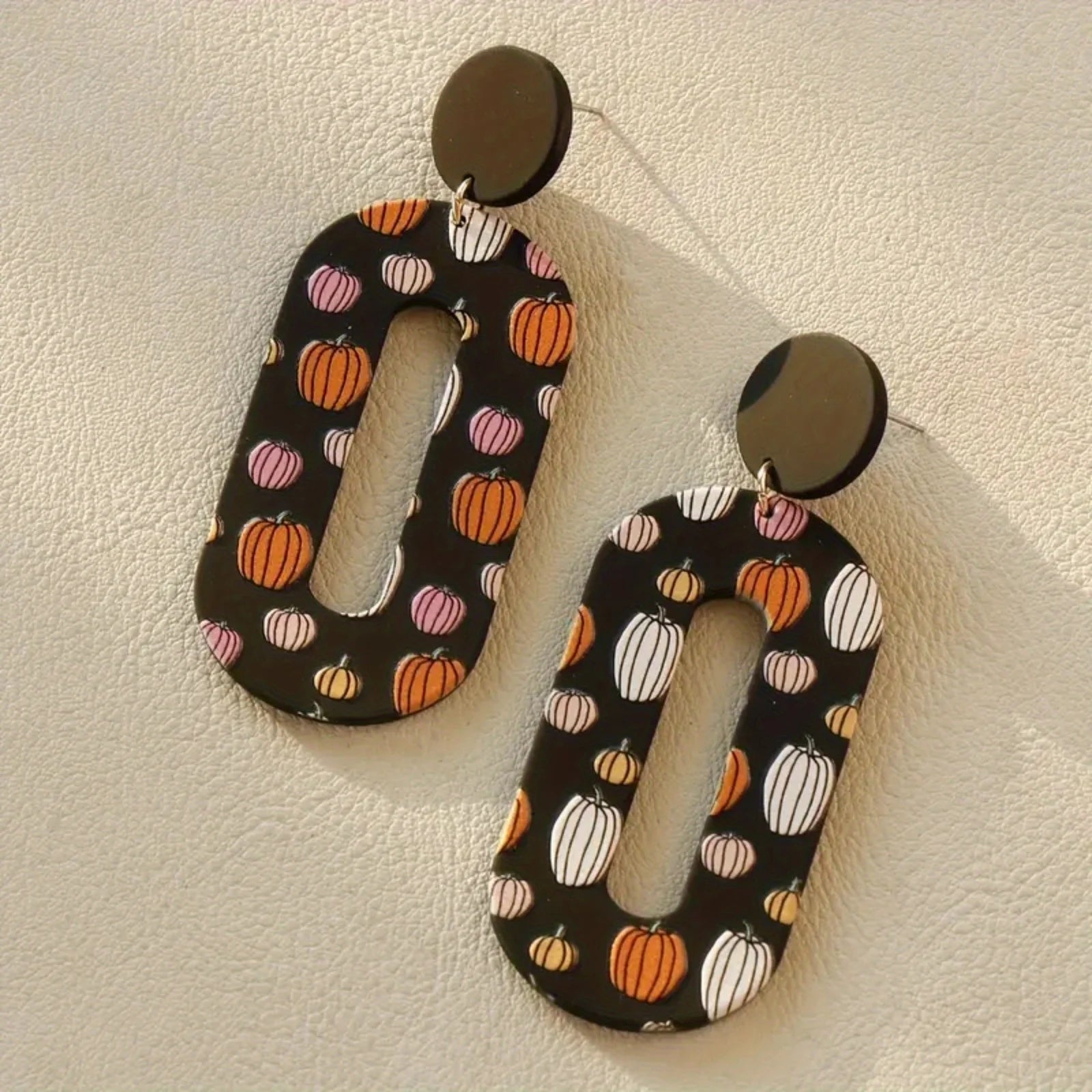 Halloween Pumpkin Print Earrings Geometric Hollow Design Clay Texture Festive Womens Jewelry