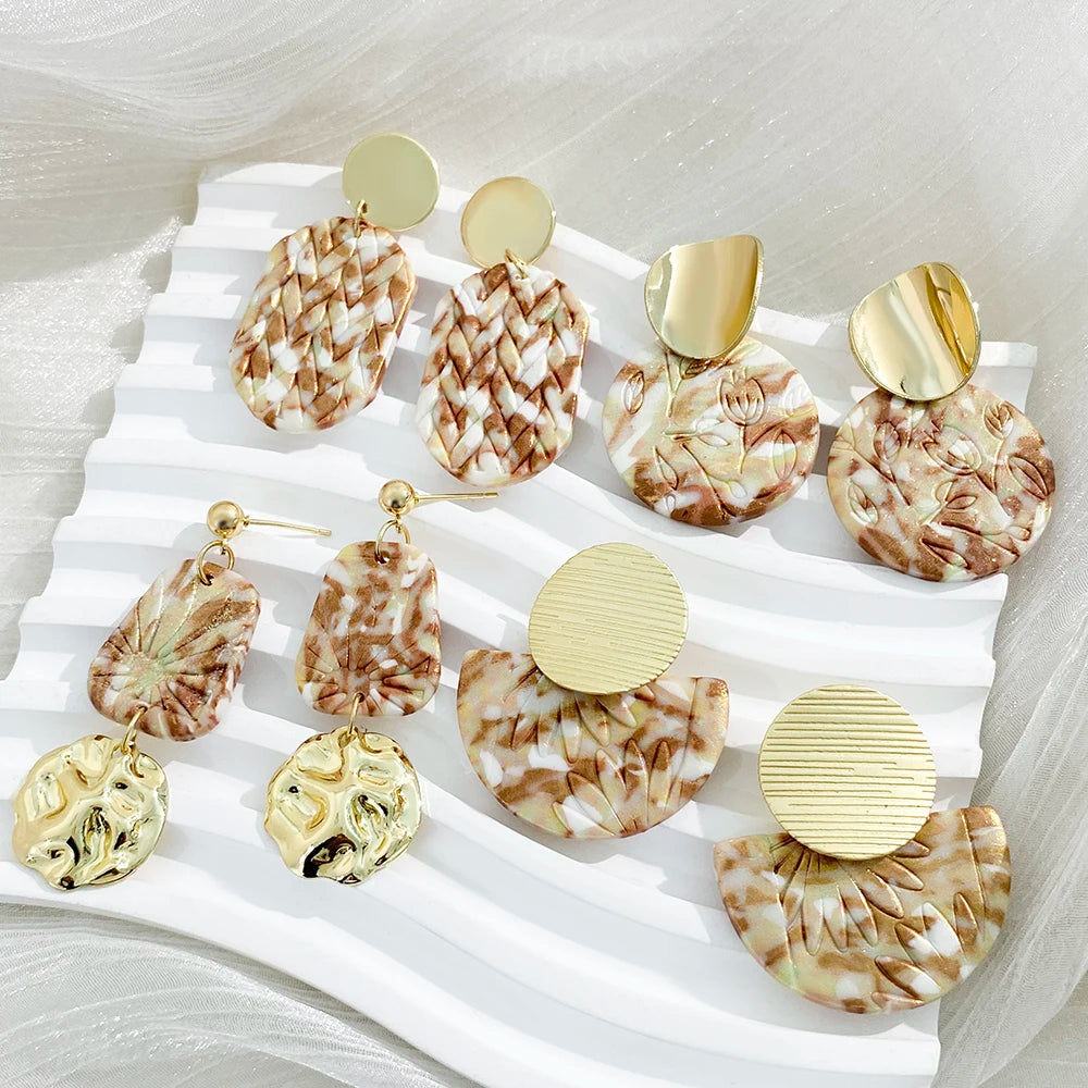 Hand-made Polymer Clay Earring Gilt For Women Trendy Multiple Style Irregular Geometry Metal Fold Jewelry Eardrop INS