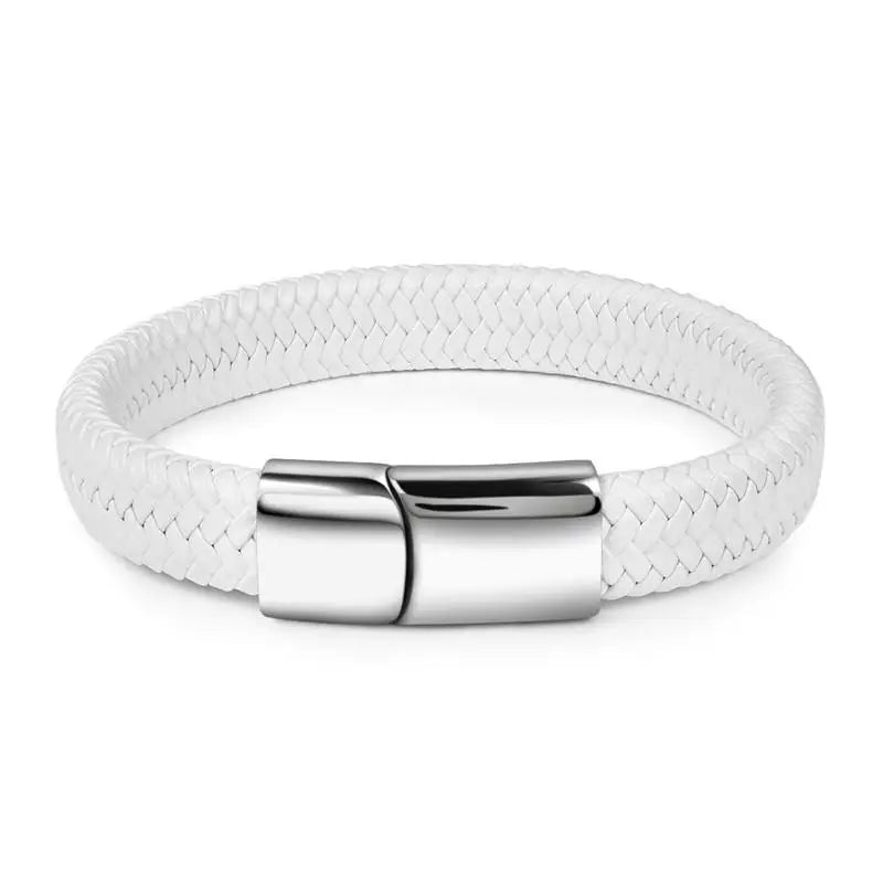 Fashion Simple White Leather Braid Bracelet Stainless Steel Buckle Clasps for Men Handmade Bangle Wholesale Charm Jewelry Gift