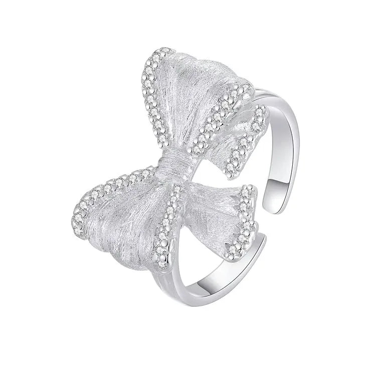 925 Sterling Silver Rings For Women Vintage Handmade Adjustable Finger Shinning Bow Ring Fashion Band Female Bijoux Gift