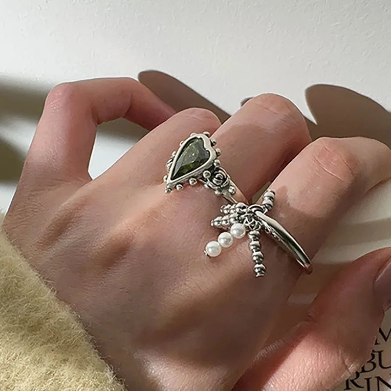 Vintage Punk Green Zircons Party Rings for Women Couples New Fashion Creative Tassel Geometric Handmade Party Jewelry