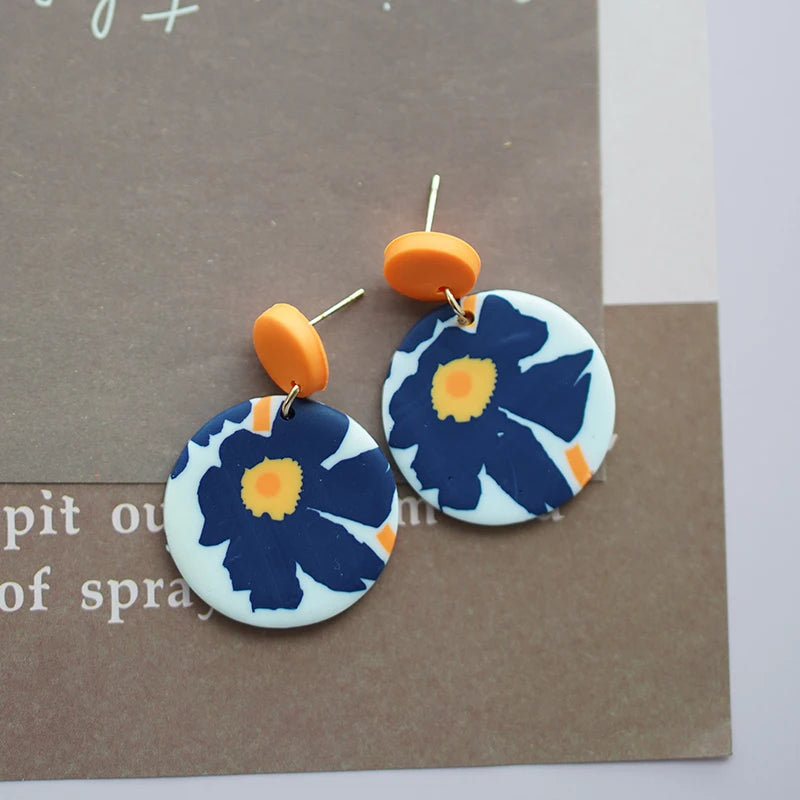 Flower Abstract Art Deco Pattern Multi Sizes Pendant Shapes Solid Colors Handmade Polymer Clay Earrings Sets For Woman Holiday