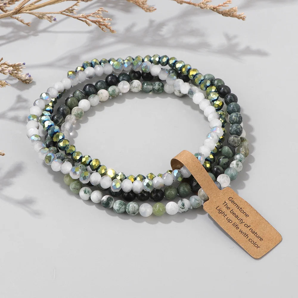 Handmade Natural Stone Bracelet Set 4mm Round Faceted Glass Quartz Agates Beads Bracelets Bangles for Women Men Lucky Jewelry