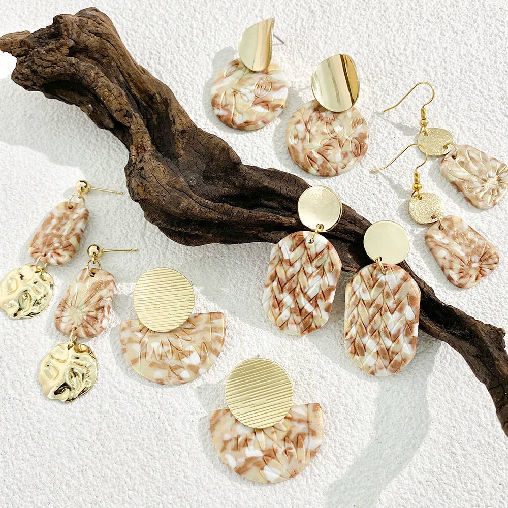 Hand-made Polymer Clay Earring Gilt For Women Trendy Multiple Style Irregular Geometry Metal Fold Jewelry Eardrop INS