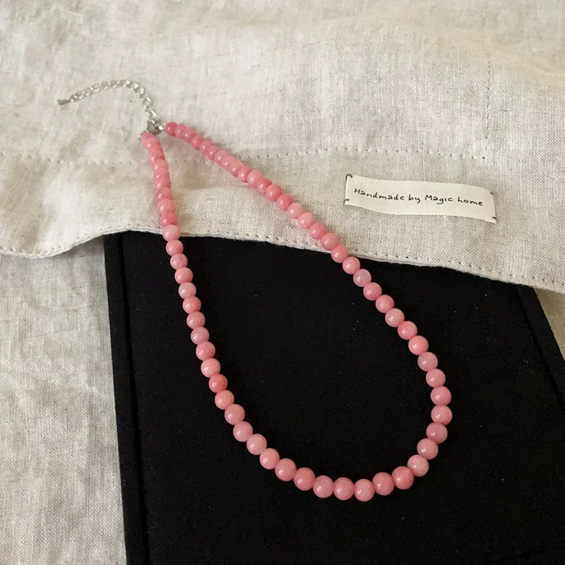 Exquisite 4 6 8mm Pink Color Round Natural Stone Beaded Necklace for Women Handmade Silver Plated Chain Strand Chokers