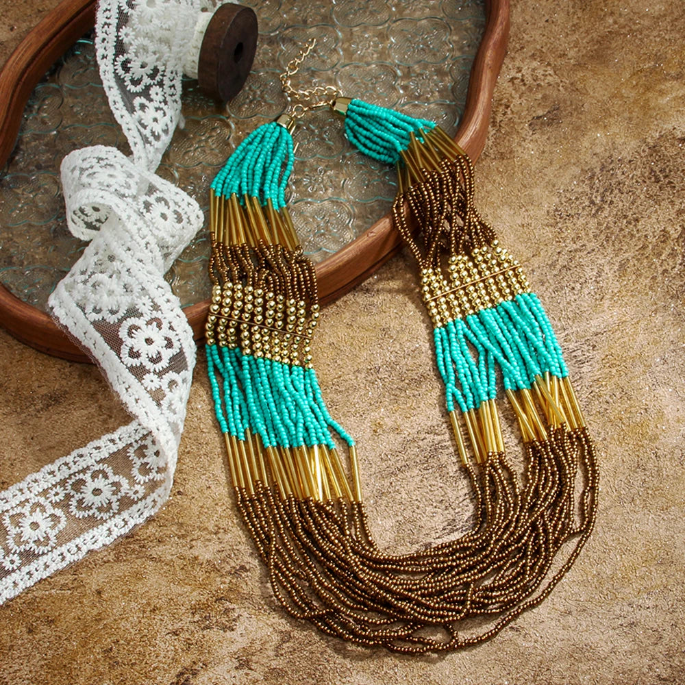 Bohemian Ethnic Handmade Multi-layer Glass Rice Bead Necklace Mix Color Multi Strand Statement Necklace Seed Beads Necklace