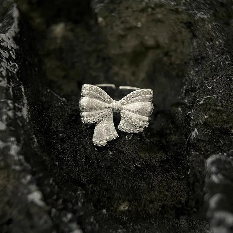 925 Sterling Silver Rings For Women Vintage Handmade Adjustable Finger Shinning Bow Ring Fashion Band Female Bijoux Gift