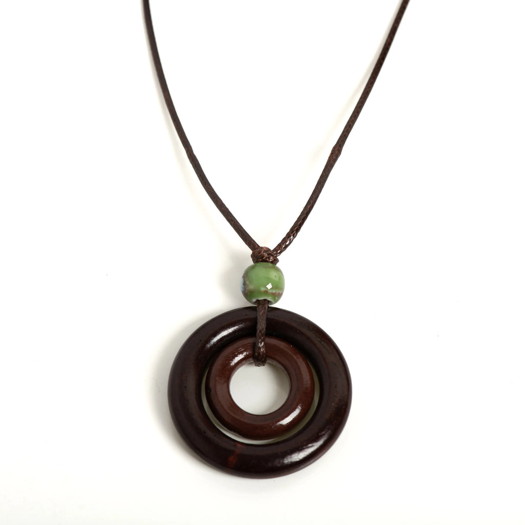 Handmade Wooden Circle Ceramic Pendant Necklace Adjustable Cord Unique Bohemian Jewelry for Men and Women 1 Piece S001160