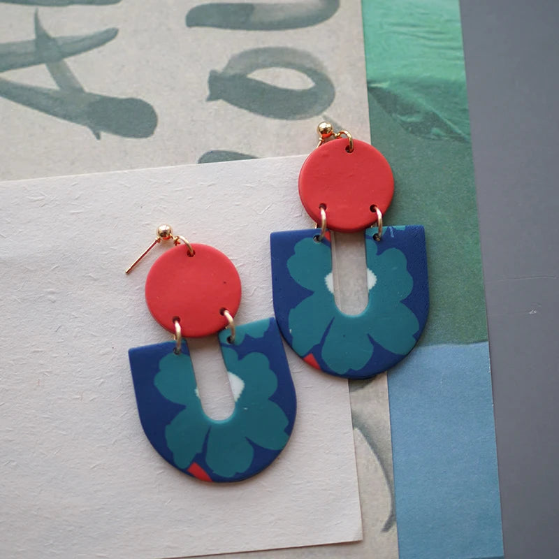 Flower Abstract Art Deco Pattern Multi Sizes Pendant Shapes Solid Colors Handmade Polymer Clay Earrings Sets For Woman Holiday