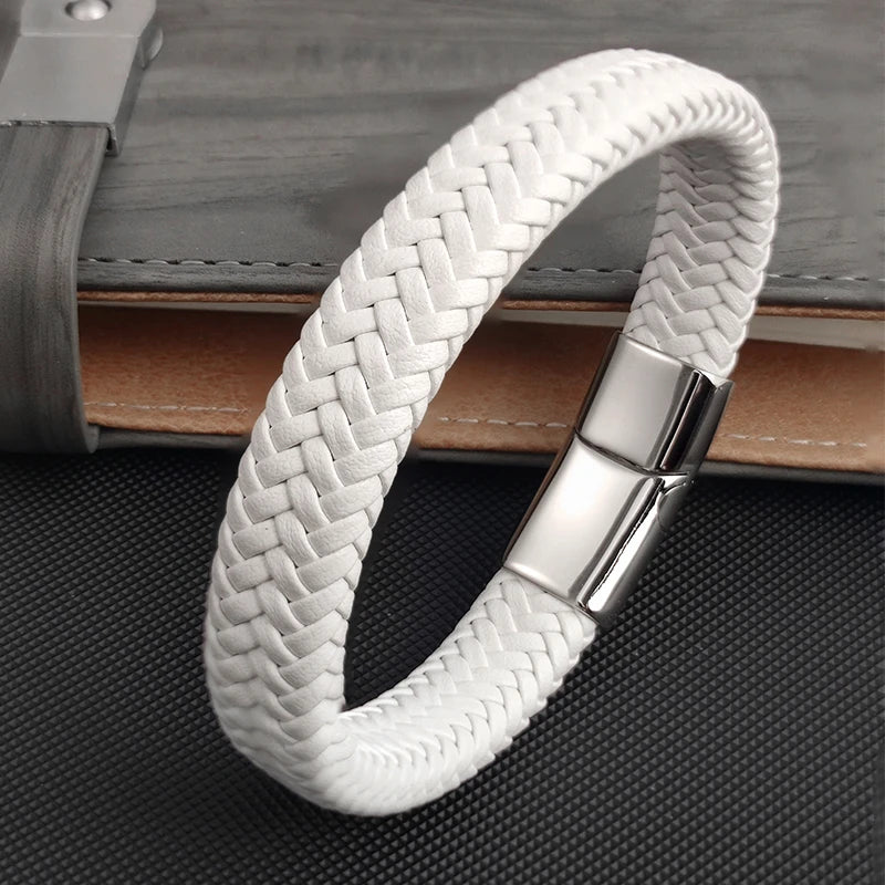 Fashion Simple White Leather Braid Bracelet Stainless Steel Buckle Clasps for Men Handmade Bangle Wholesale Charm Jewelry Gift