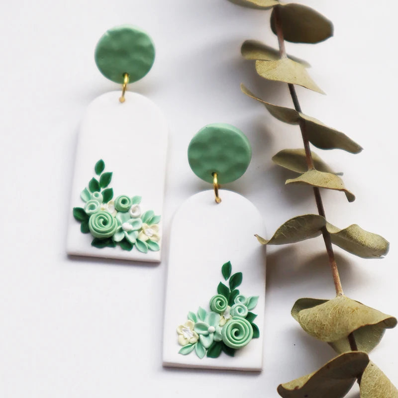 Polymer Clay Drop Earrings for Women Handmade Flowers Pendant Earrings Green Geometry Dangle Earring  Jewelry Christmas Present