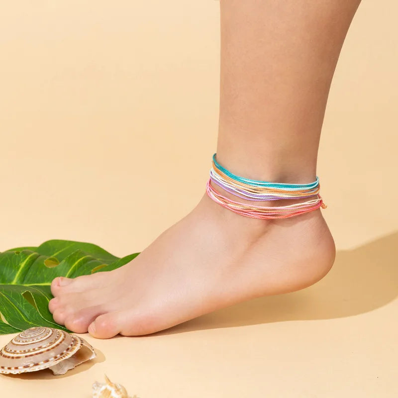 Boho Women Handmade Woven Multilayer Anklet Weaving Bracelet On The Leg Braid Rainbow Thread Rope Beach Barefoot Foot Jewelry