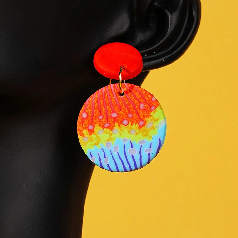Rainbow Color Round Trapezoid Polymer Clay Drop Earrings For Women Handmade Geometry Clay Dangle Earrings Jewelry Gifts