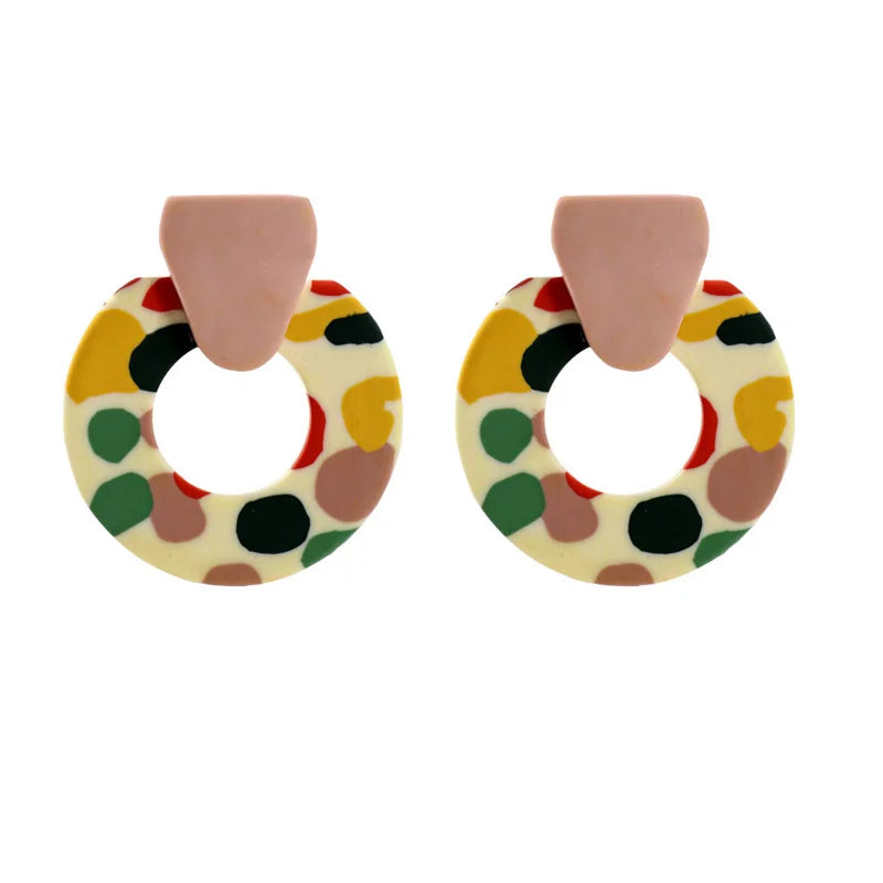  Bohemian Geometric Circle Square Clay Dangle Earrings Fashion Colorful Printing Contrast Color Polymer Clay Earrings for Femal