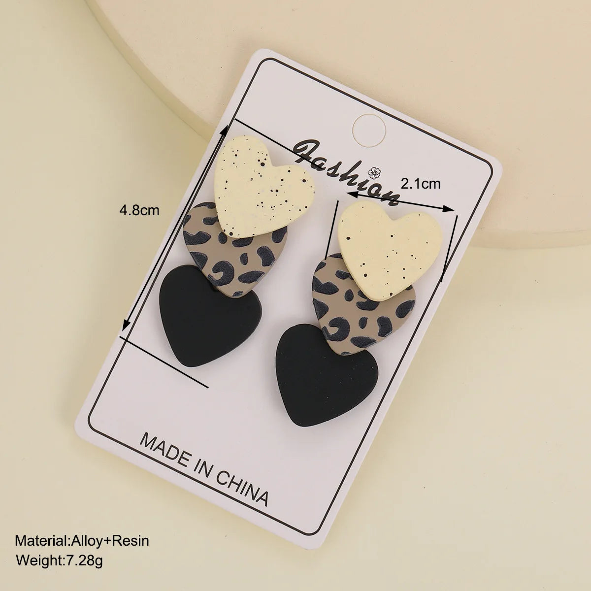 3-on-1 card spotted leopard print symbol printed clay texture women's acrylic heart-shaped earrings
