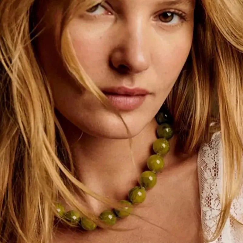 Bohemian Style Handmade Women's Beaded Necklace - Round Resin Cloud Beads on Cord M587