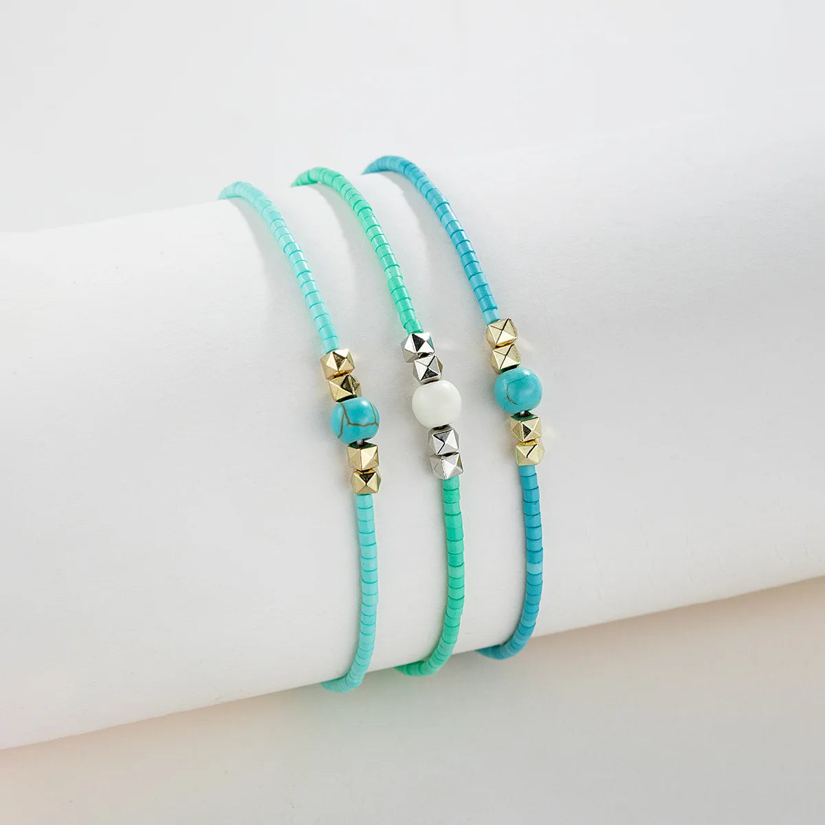 3pcs Boho Handmade Anklet Sets For Women Blue Rice Beads Chain Ankle Bracelet Elastic Rope Beach Summer Foot Accessories