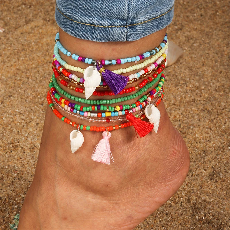 10Pcs/Set Bohemian Handmade Colorful Beads Anklets for Women Summer Beach Shell Starfish Anklets Bracelets Girls Holiday Gifts