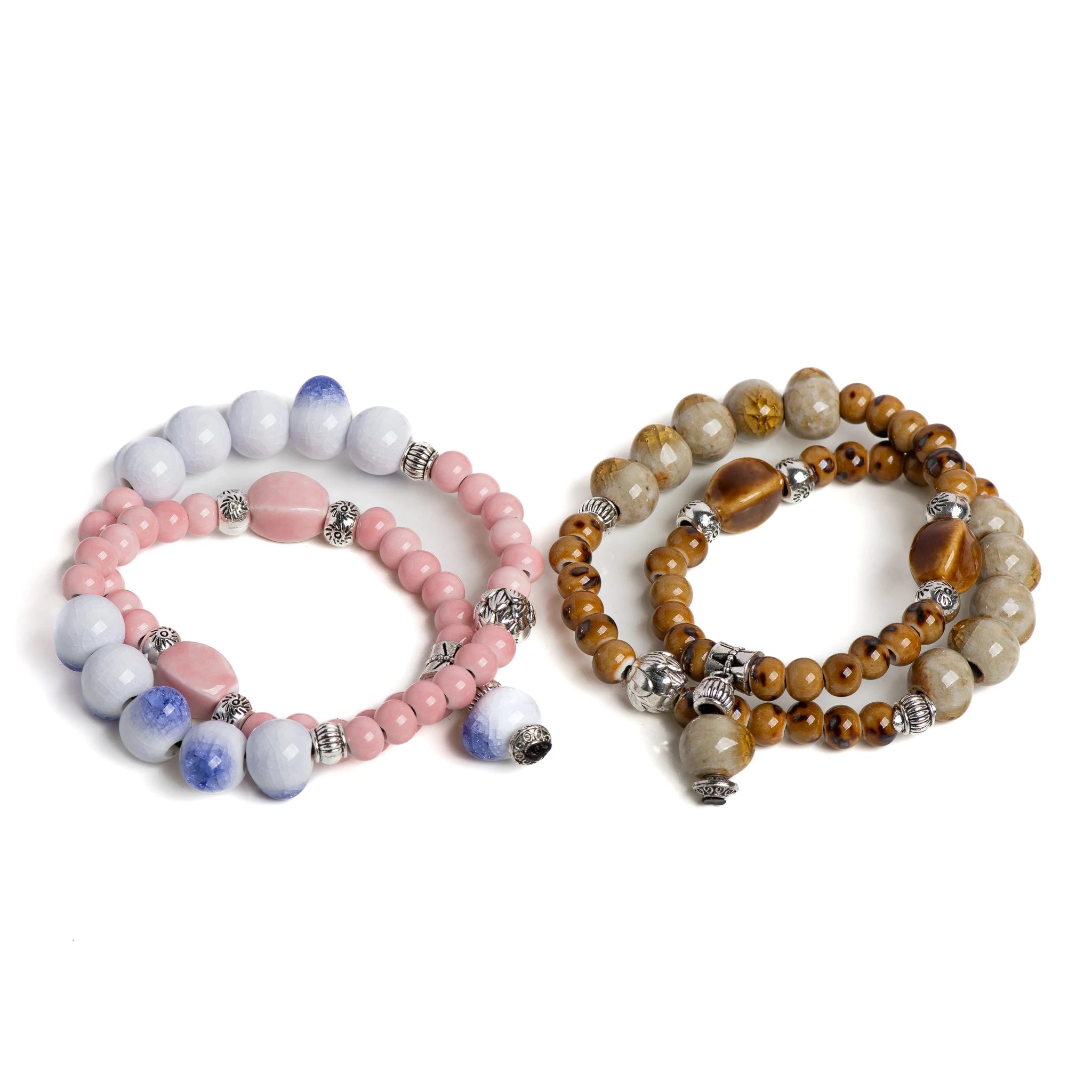 Double-Layer Crackle Ceramic Bracelet Handmade Elastic Jewelry in Purple and Yellow Beads Vintage Jewelry gifts regalo