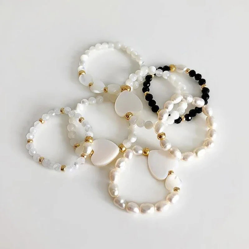 Elegant Handmade Freshwater Pearl Rings Women With Stainless Steel Bead Elastic Thread Wedding Statement Ring Gift