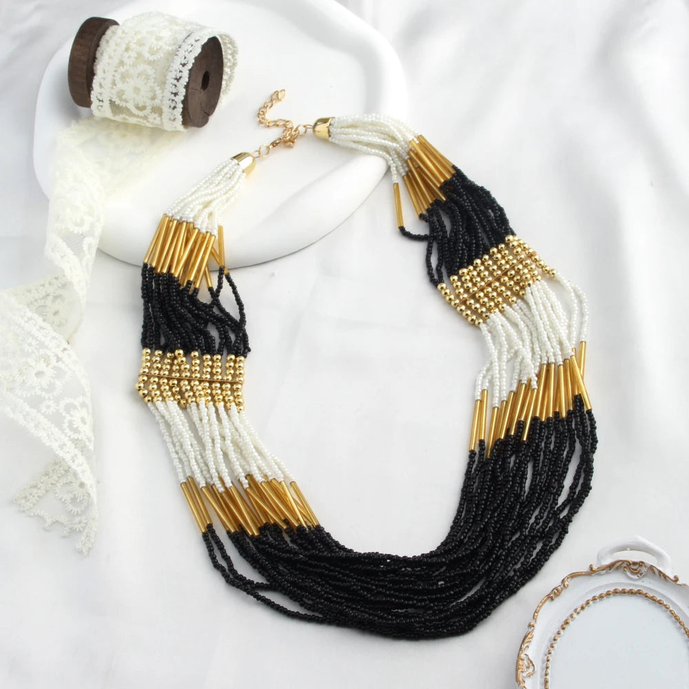 Bohemian Ethnic Handmade Multi-layer Glass Rice Bead Necklace Mix Color Multi Strand Statement Necklace Seed Beads Necklace