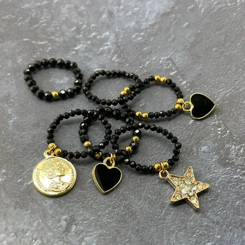 Obsidian Heart Star Charm Rings Women Ethnic Handmade Fashion Stainless Steel Jewelry Natural Stone Ring Wholesale