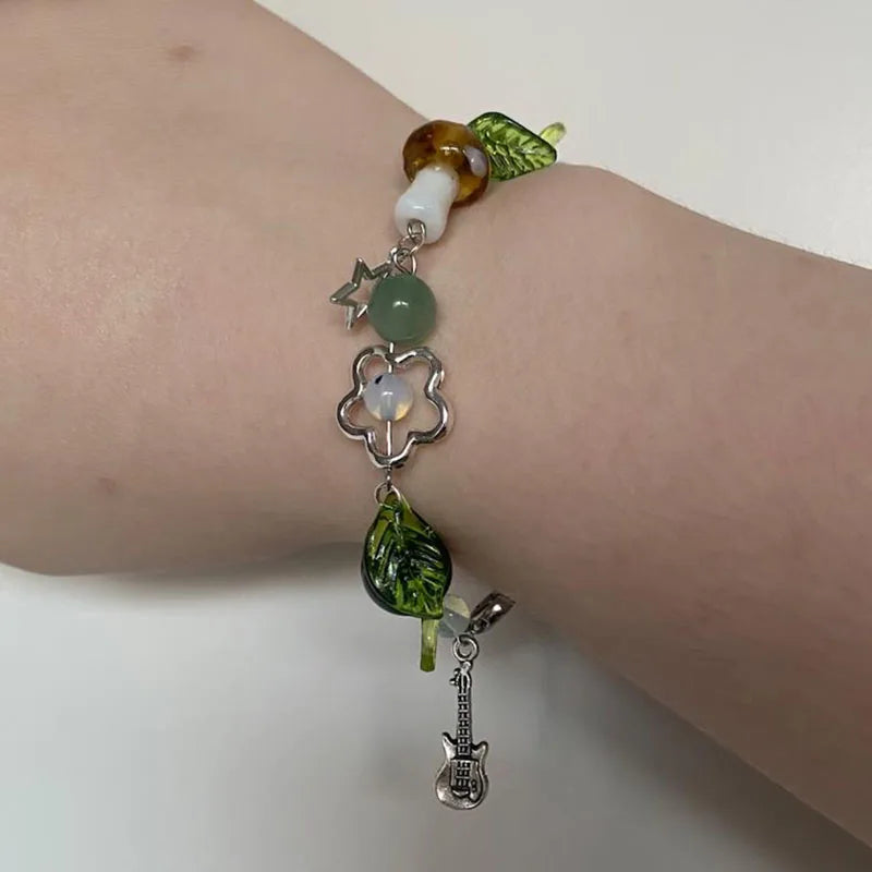 Mushroom themed beaded bracelet spiral leaf Handmade