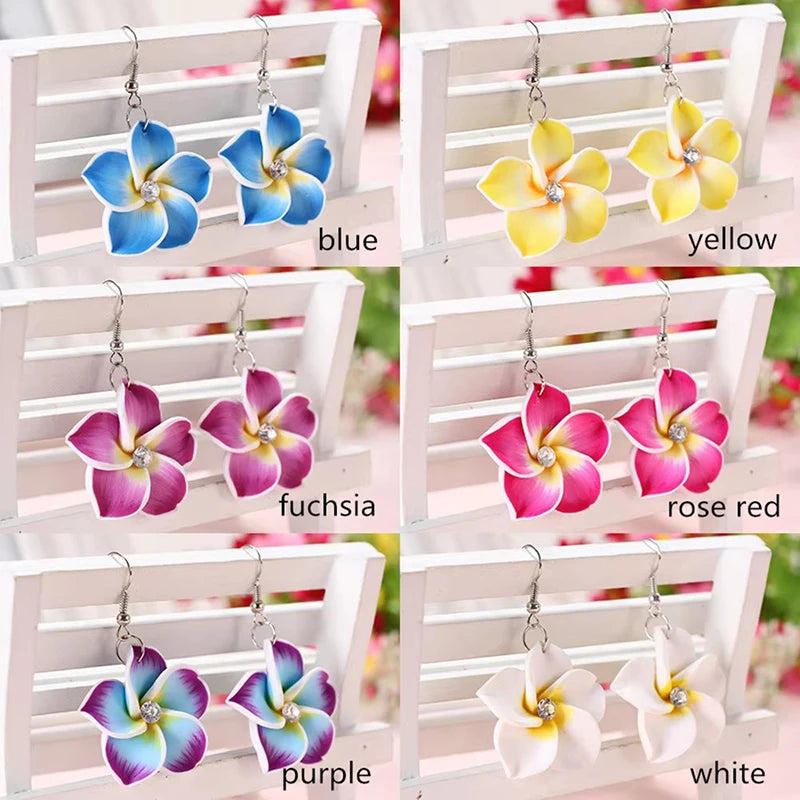 2pairs/lot 30mm Polymer Clay Plumeria Flowers Earrings Frangipani Drop Earrings For Women Hawaiian Seaside Beach Holiday Jewelry