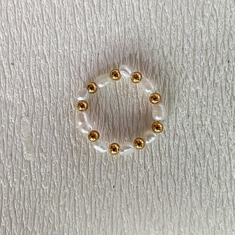 Elegant Handmade Freshwater Pearl Rings Women With Stainless Steel Bead Elastic Thread Wedding Statement Ring Gift