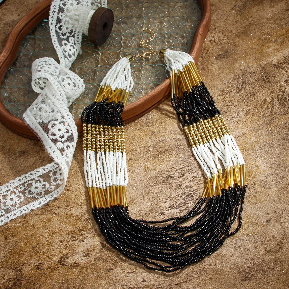 Bohemian Ethnic Handmade Multi-layer Glass Rice Bead Necklace Mix Color Multi Strand Statement Necklace Seed Beads Necklace