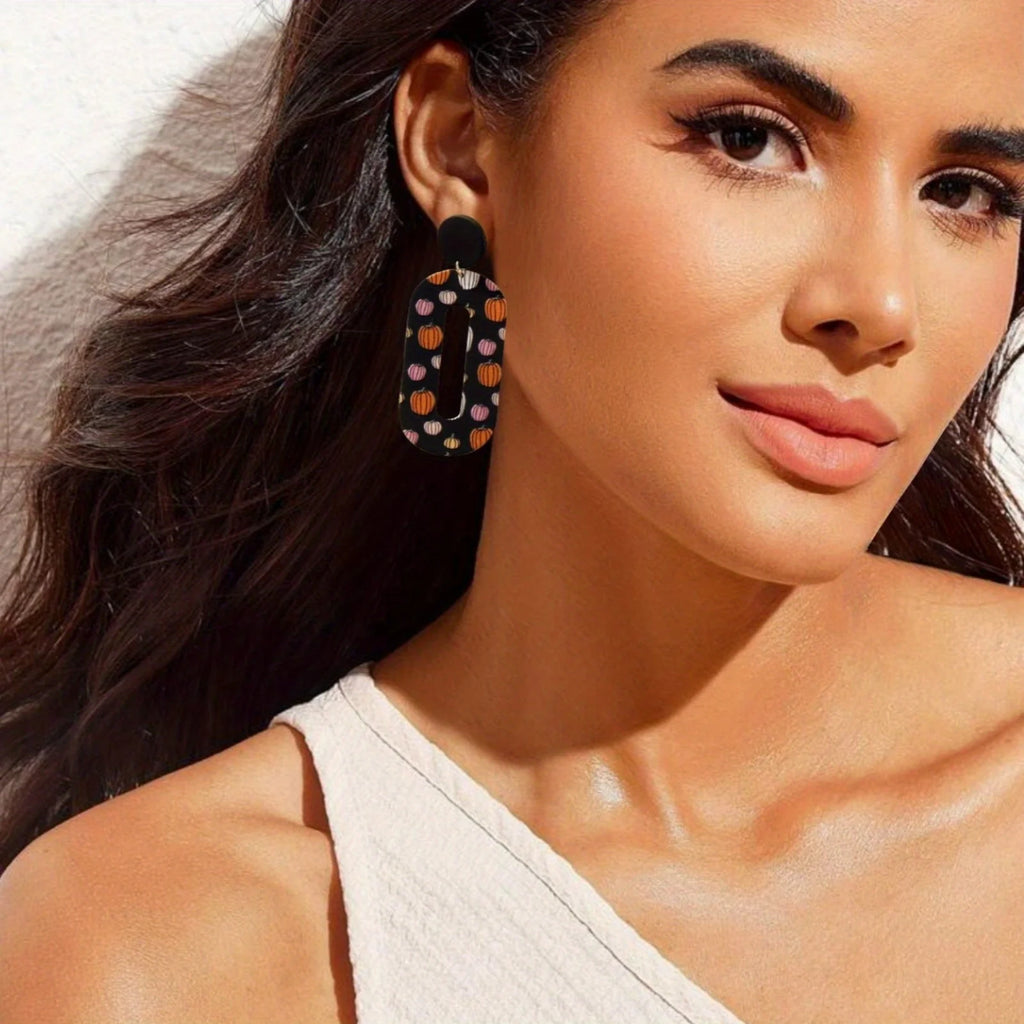 Halloween Pumpkin Print Earrings Geometric Hollow Design Clay Texture Festive Womens Jewelry