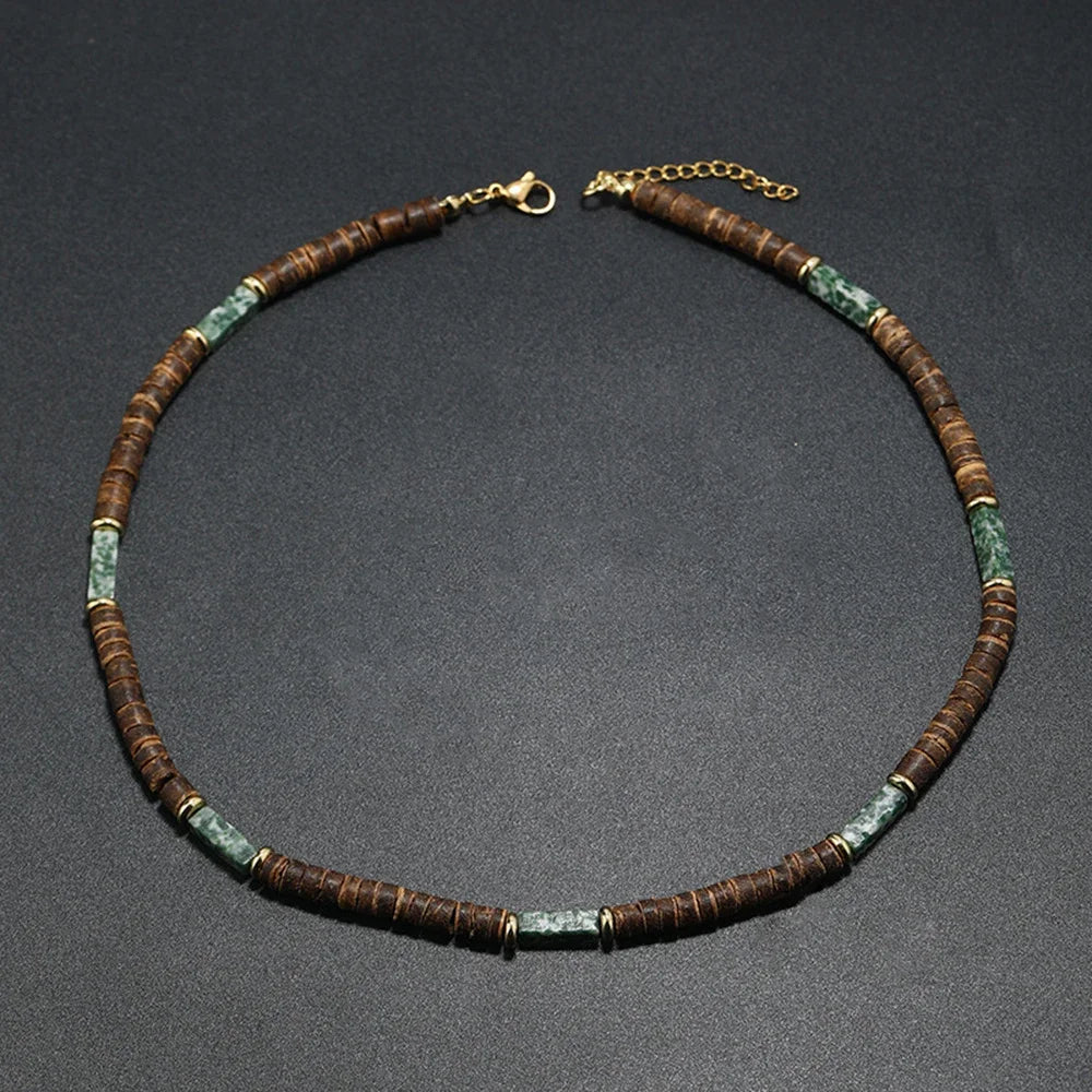 Handmade Men's Wooden Beaded Clay Necklace Fashion Vintage African White Beaded Beach Surfer Necklace for Men Tribal Jewelry