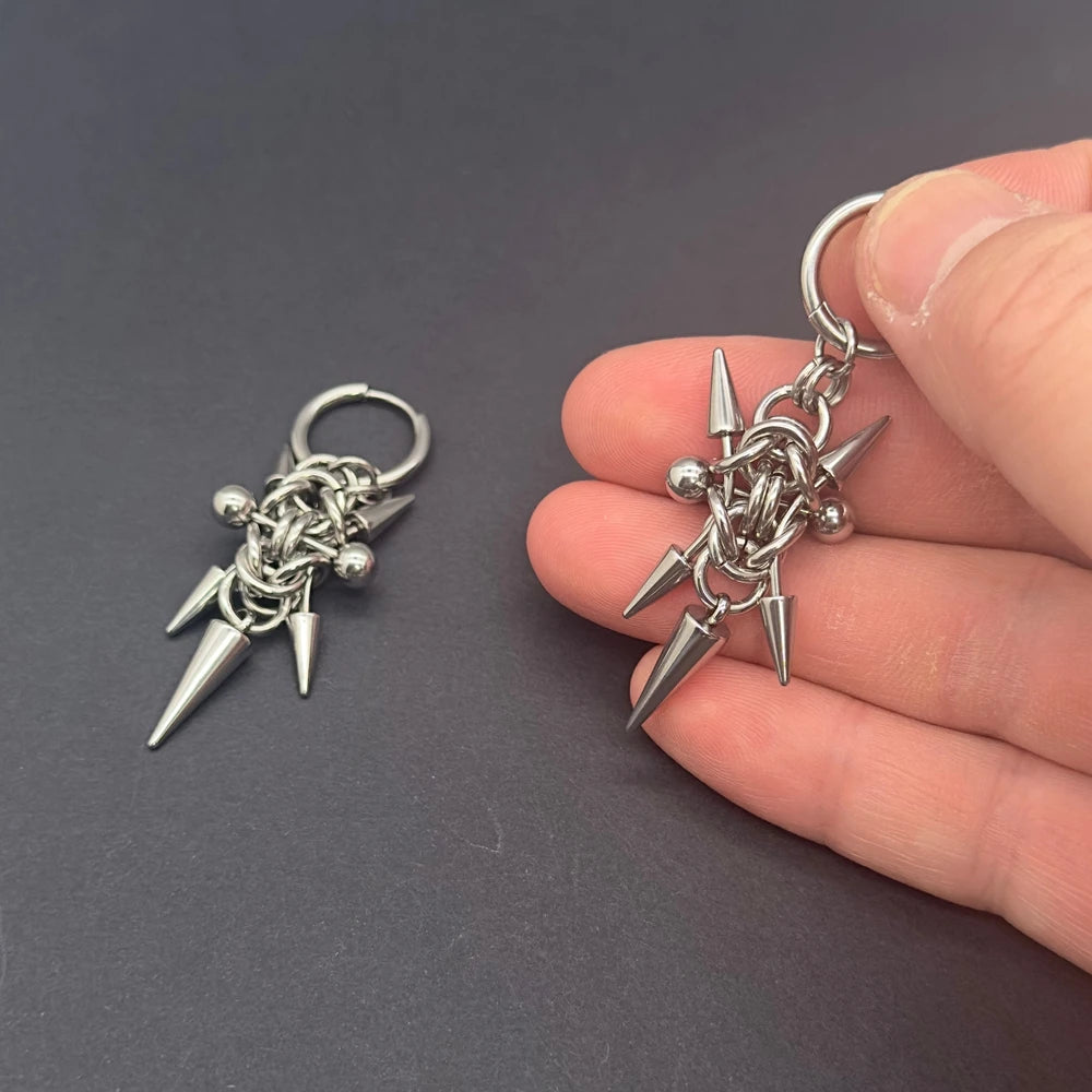 Gothic Stainless Steel Hoops Spike Piercing Long Dangle Earrings Handmade Punk y2k Chainmail Rivet Drop Earrings Rock Jewelry