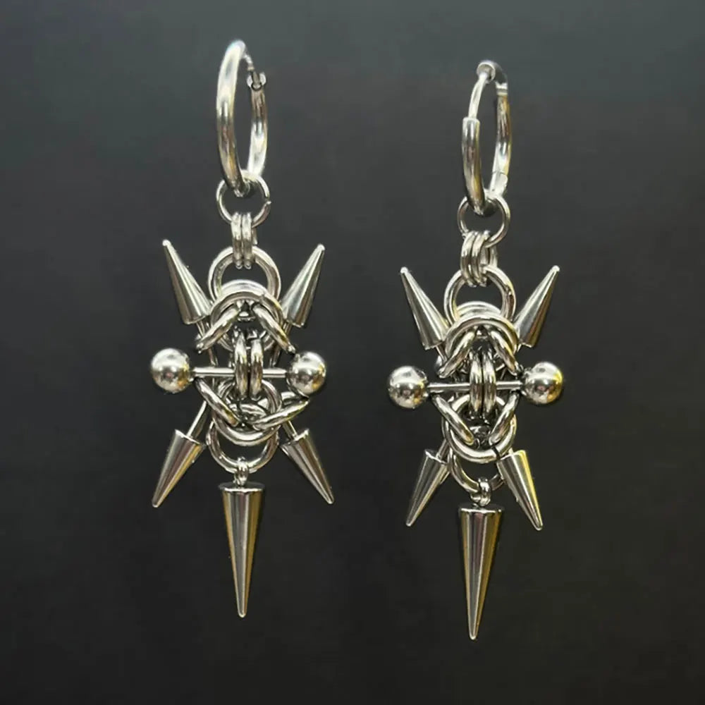 Gothic Stainless Steel Hoops Spike Piercing Long Dangle Earrings Handmade Punk y2k Chainmail Rivet Drop Earrings Rock Jewelry