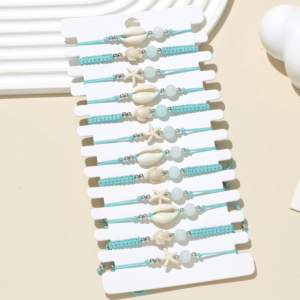 12pcs Shell Starfish Turtle Charms Bracelet Set Braided Rope Bracelet Set Handmade Adjustable Bracelets For Women Jewelry Gifts