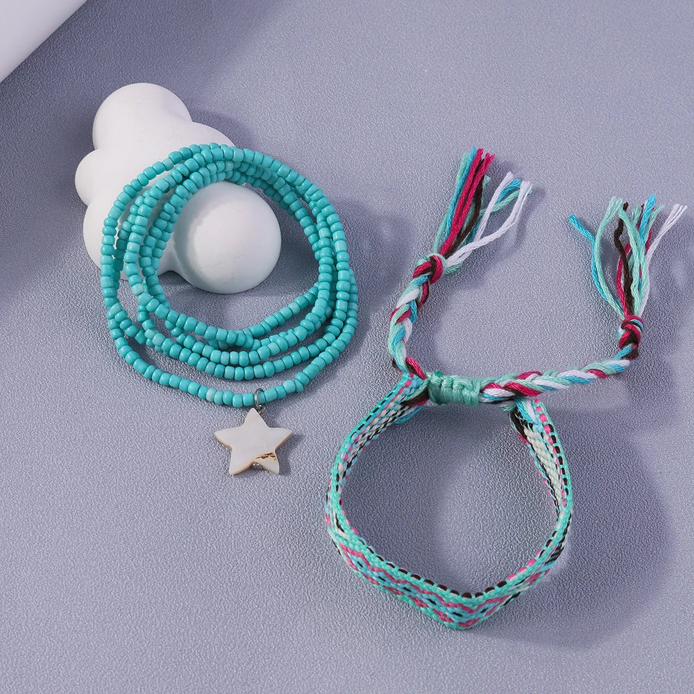 Bohemian Handmade Beaded Anklets Star Pendant Embroidery Braided Ankle Bracelets Women Girls Summer Beach Jewelry Gifts