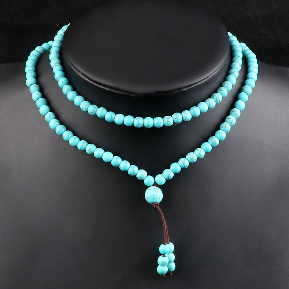 6MM Natural Light Blue Beaded Necklaces Fashion Handmade 108 Mala Beads Women Elastic Bracelet Yoga Meditation Men Jewelry Gifts
