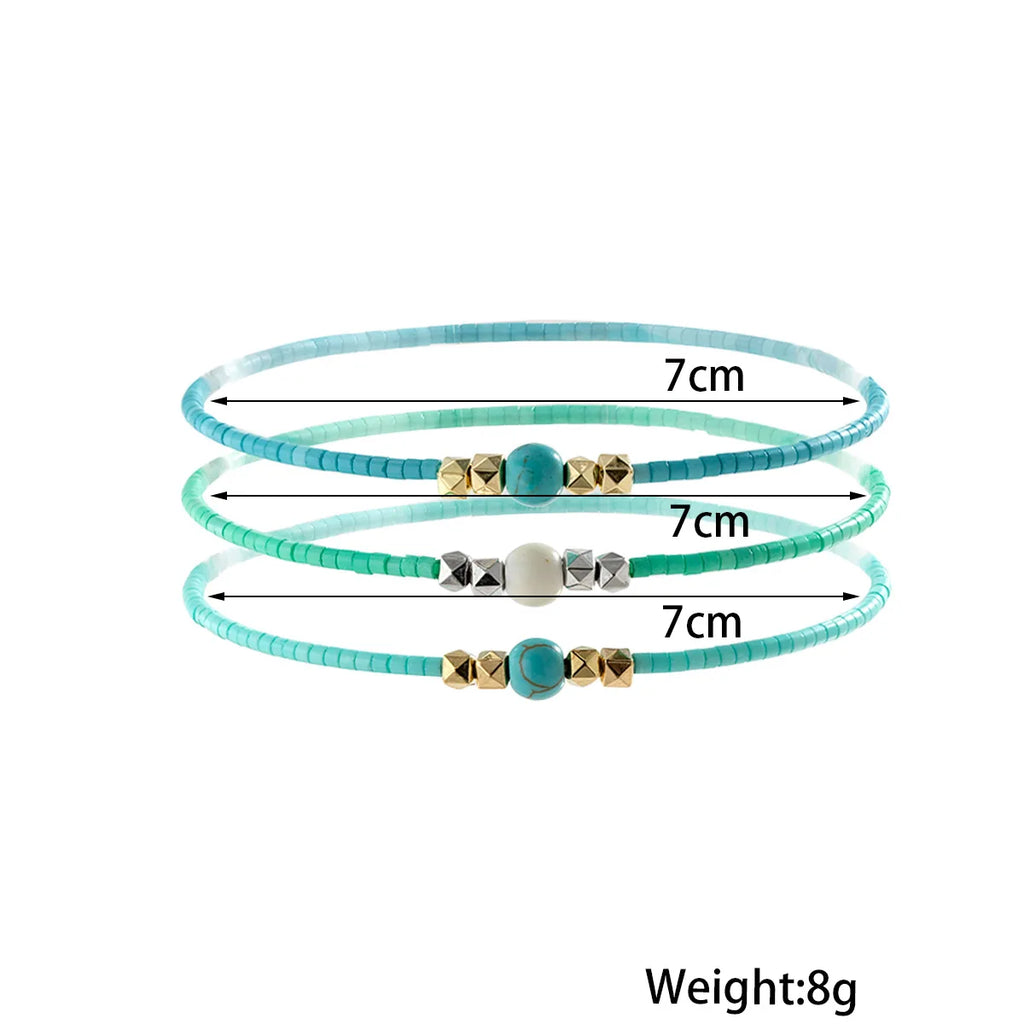 3pcs Boho Handmade Anklet Sets For Women Blue Rice Beads Chain Ankle Bracelet Elastic Rope Beach Summer Foot Accessories