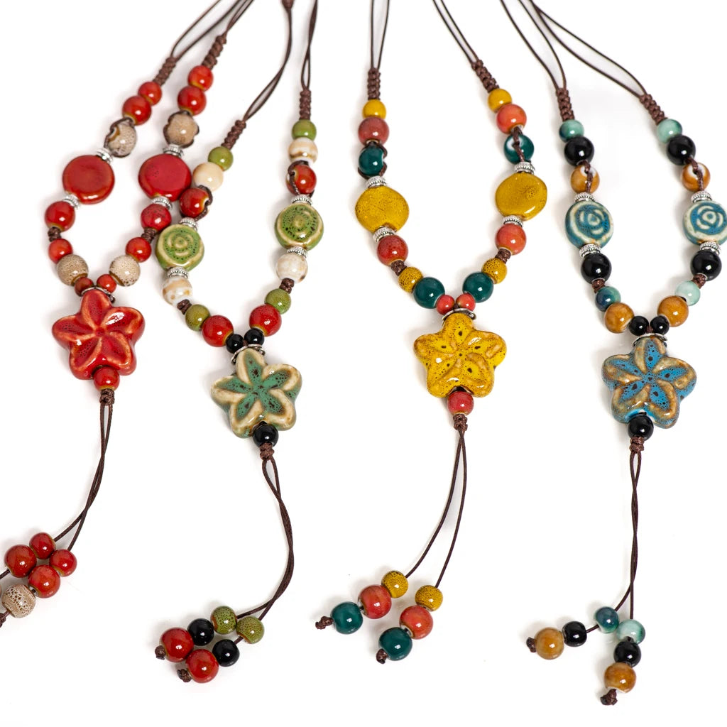 Round Star Handmade Ceramic Necklace Adjustable Pendant in Gem Blue Boho Jewelry  Long Pendant for Women 1101