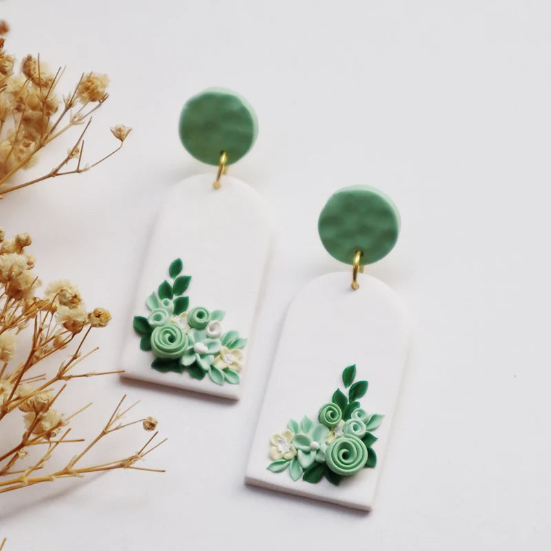 Polymer Clay Drop Earrings for Women Handmade Flowers Pendant Earrings Green Geometry Dangle Earring  Jewelry Christmas Present